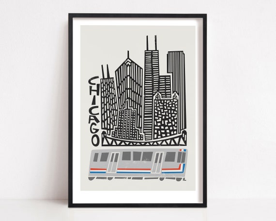 Chicago Cityscape Travel Poster, Illinois Architecture