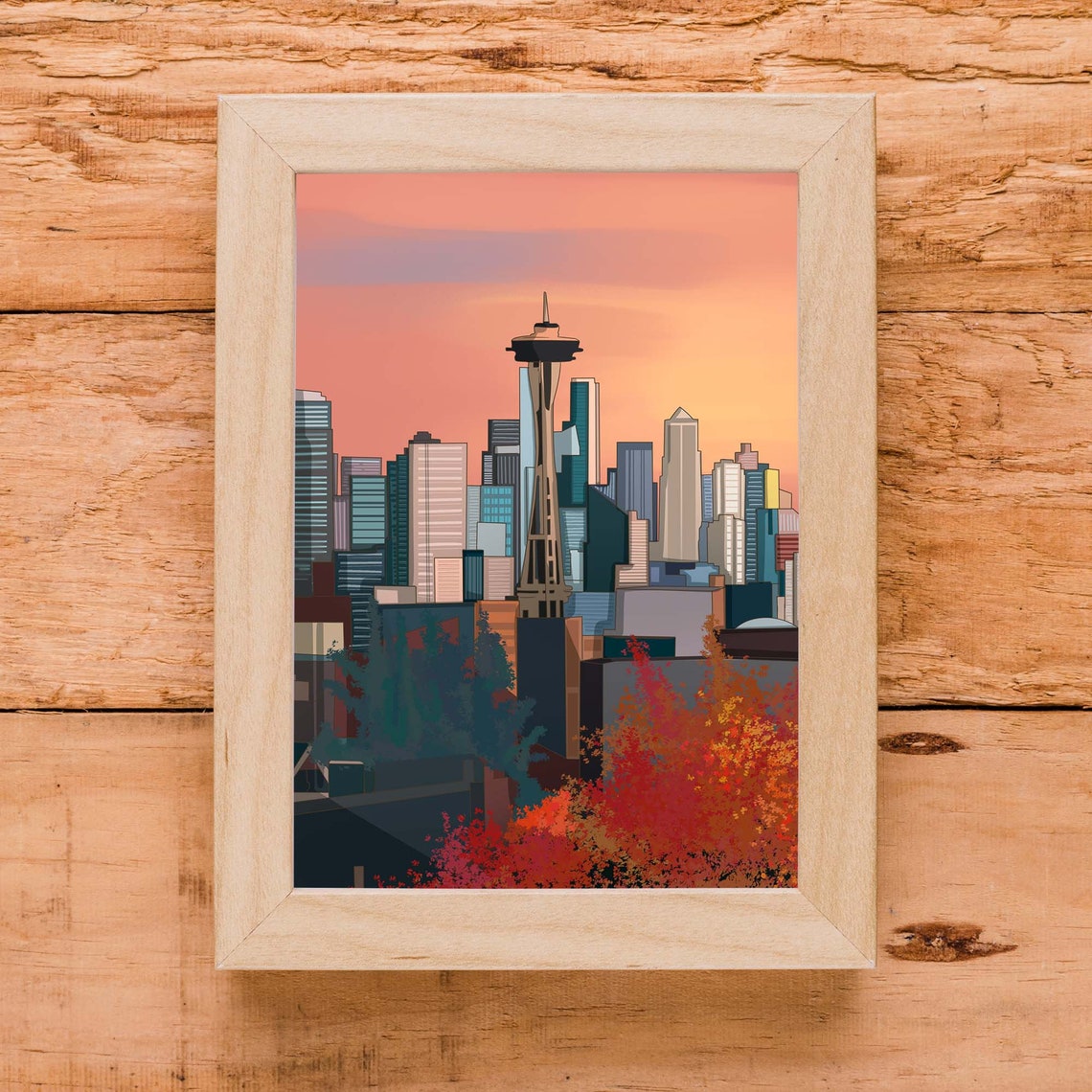 Seattle Space Needle Skyline Sunset Emerald City Illustration Print - Image 2