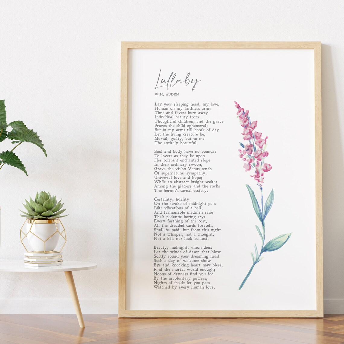 Lullaby WH Auden Love Poem Floral Minimalist Gift Literature Print