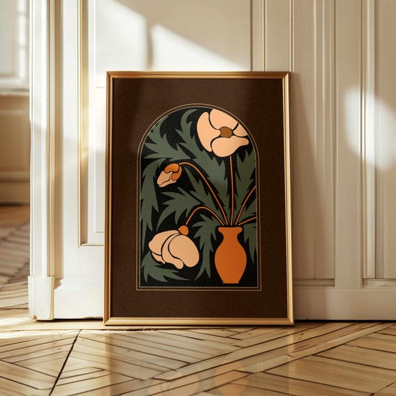 Floral Print Of Abstract Poppies In Retro 70s Midcentury Modern Stylegroovy Vintage Botanical Wall Art With Cozy Charm And Moody Tones