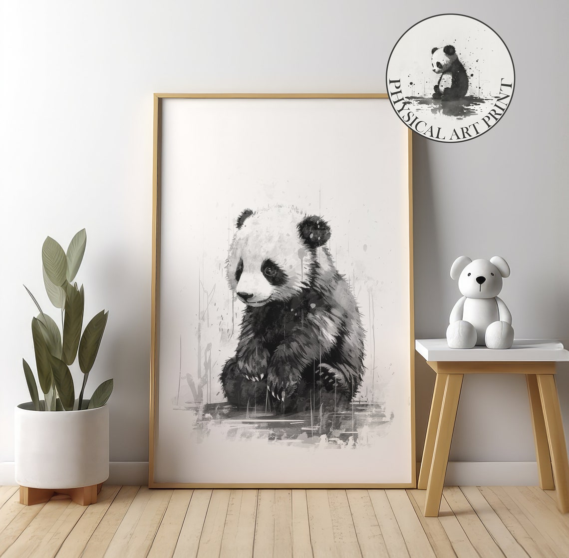 Baby Panda Sitting in the Rain Expressive Ink Wash Nursery Poster
