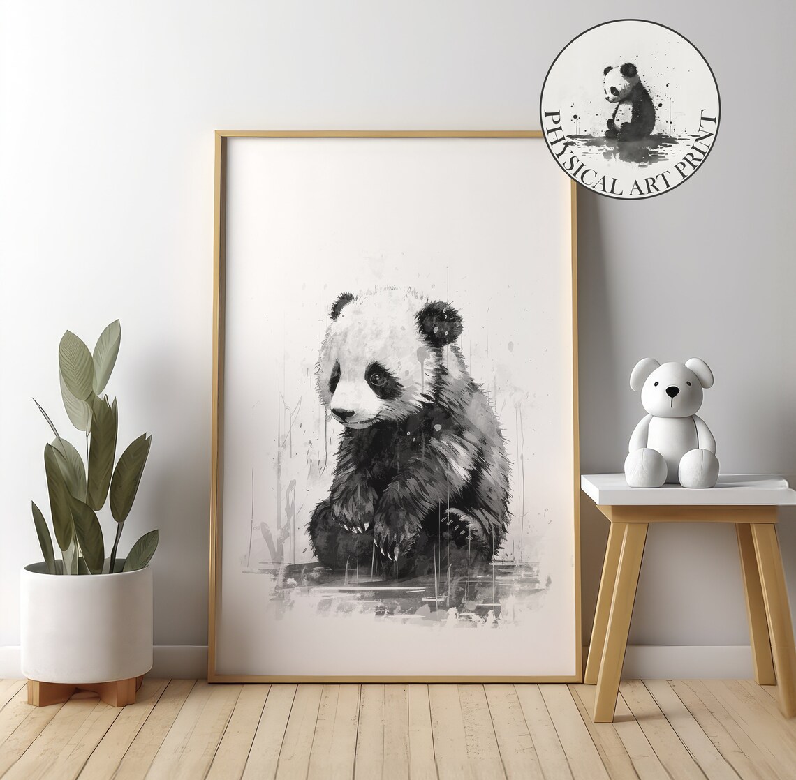 Panda In The Rain Physical Print Animal Illustration Nursery Wall Decor Infant Nursary Art Ink Drawing