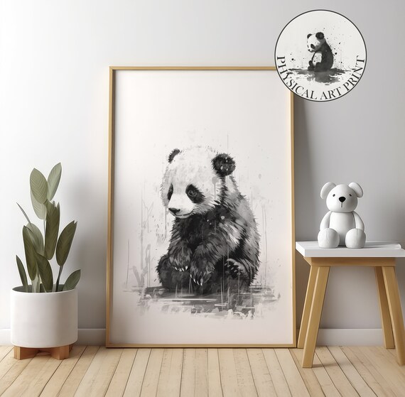 Baby Panda Sitting in the Rain Expressive Ink Wash Nursery Poster