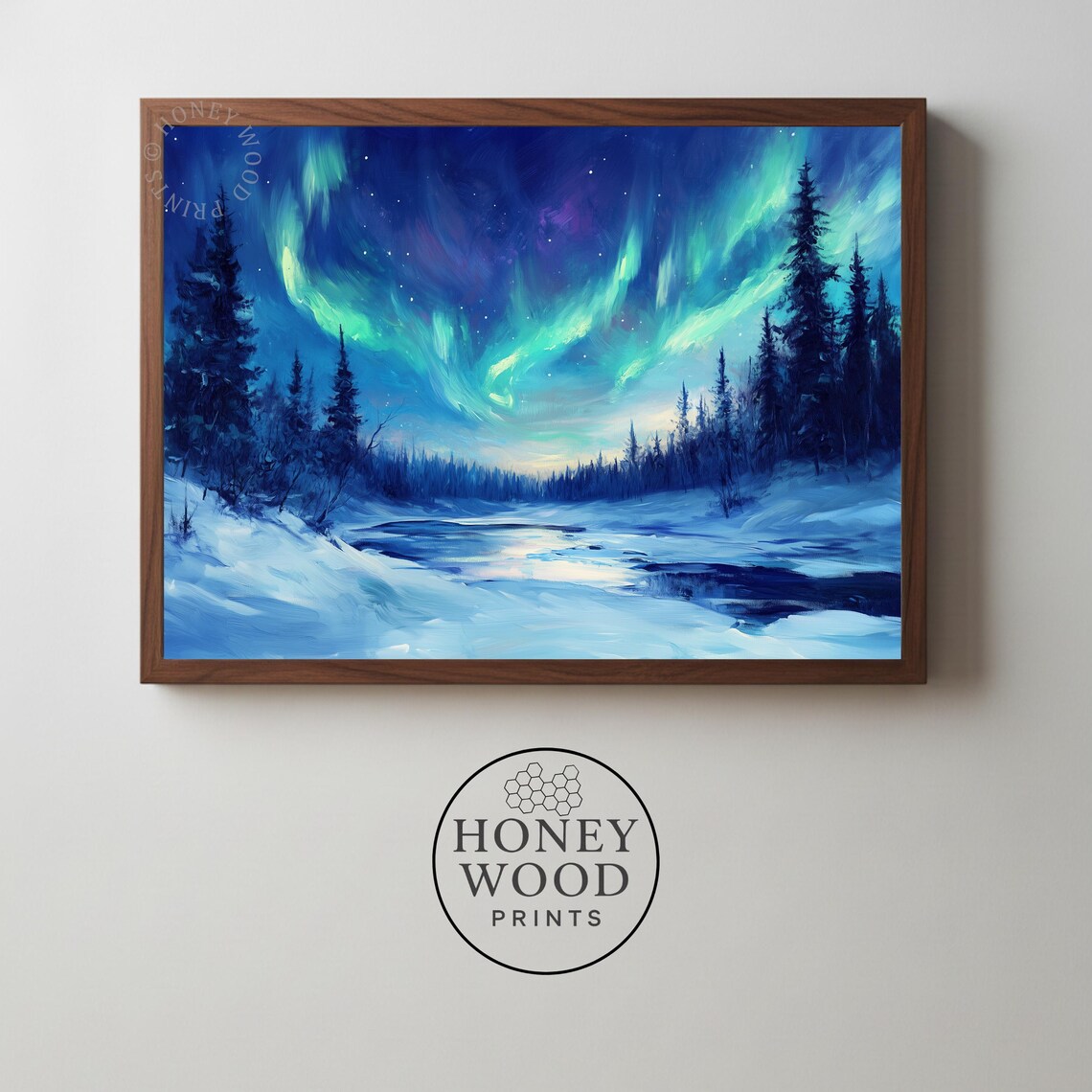 Northern Lights Aurora Borealis Oil Painting Snowy Forest Night Poster