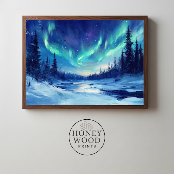 Aurora Borealis Nordic Winter Art Moody Northern Lights Painting Snowy Scandinavian Landscape Wall Decor 67