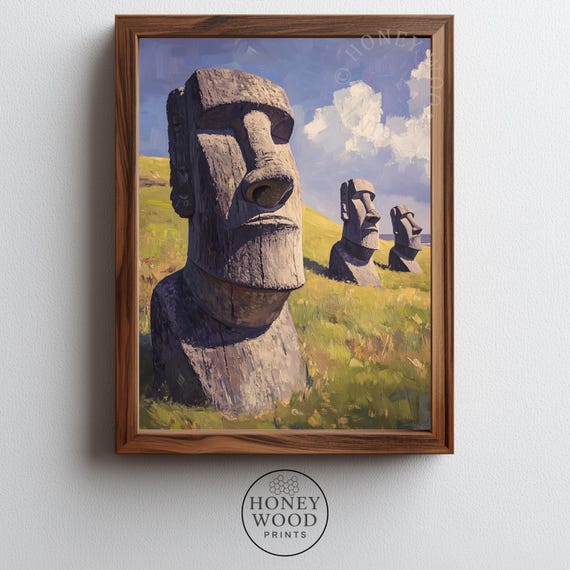 Easter Island Moai Statue Painting Twilight Scene With Grassy Hillside Coastal Wall Decor Dramatic 219