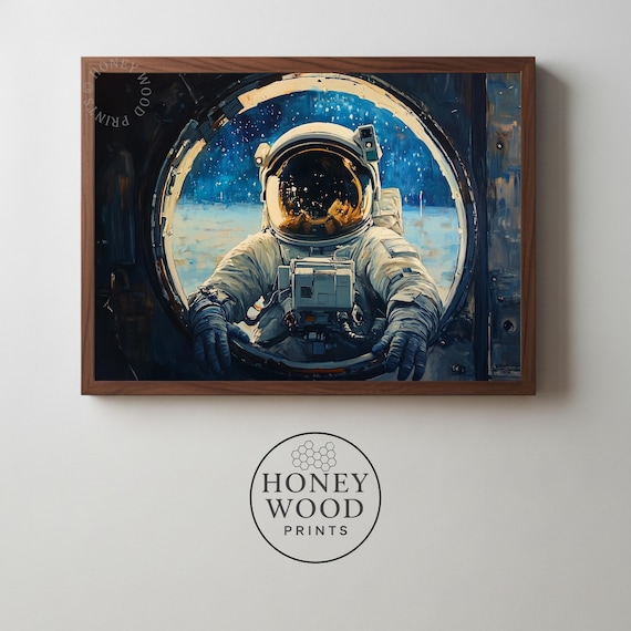 Moody Space Astronaut Art Cinematic Retrofuturistic Wall Decor Dramatic Painting Starry Void Scene Dark 102