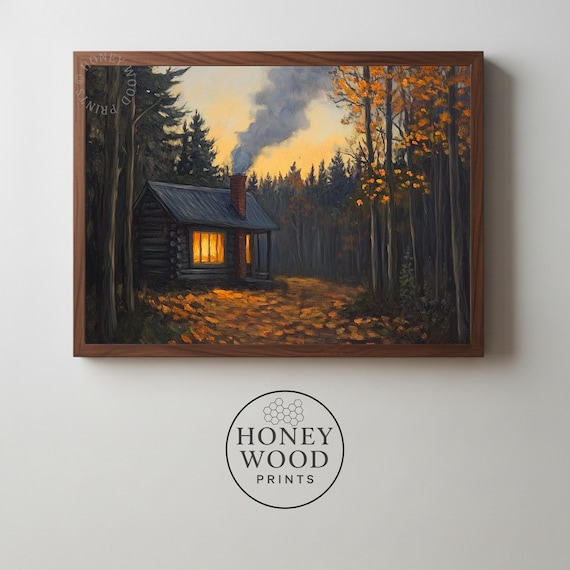 Cozy Forest Cabin At Dusk Moody Rustic Landscape Painting Vintage Cottage Scene Warm Light In Woods Wall Art 106