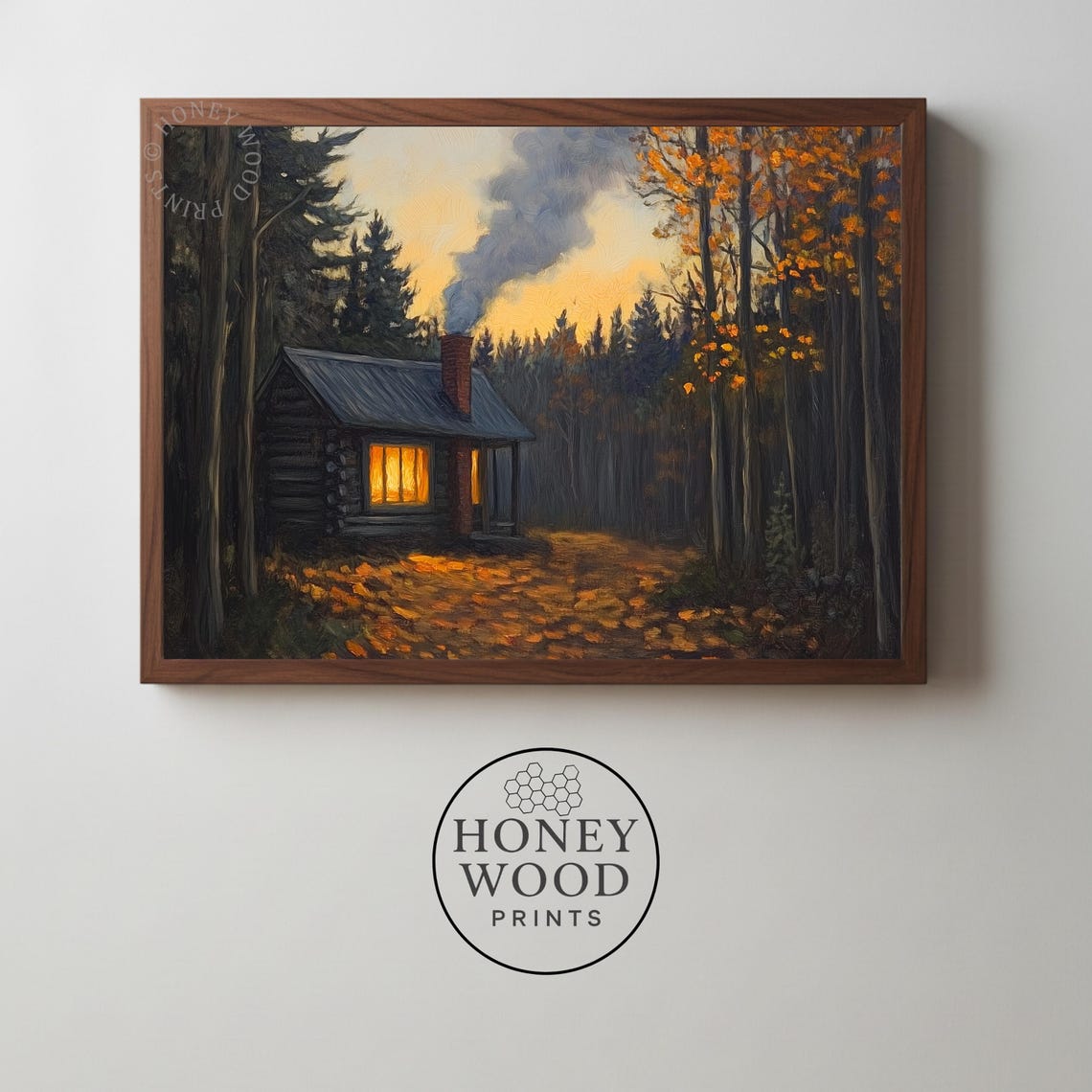 Cozy Log Cabin Autumn Forest Dusk Rustic Vintage Painting Poster