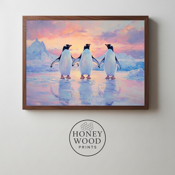 Cute Trio Of Penguins Sunset Ice Playful Winter Painting Print