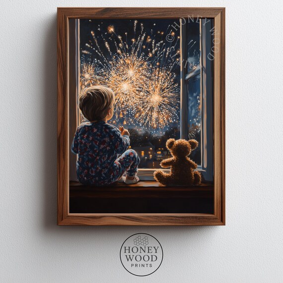Child Watching Fireworks Teddy Bear Cozy Night Painting Poster
