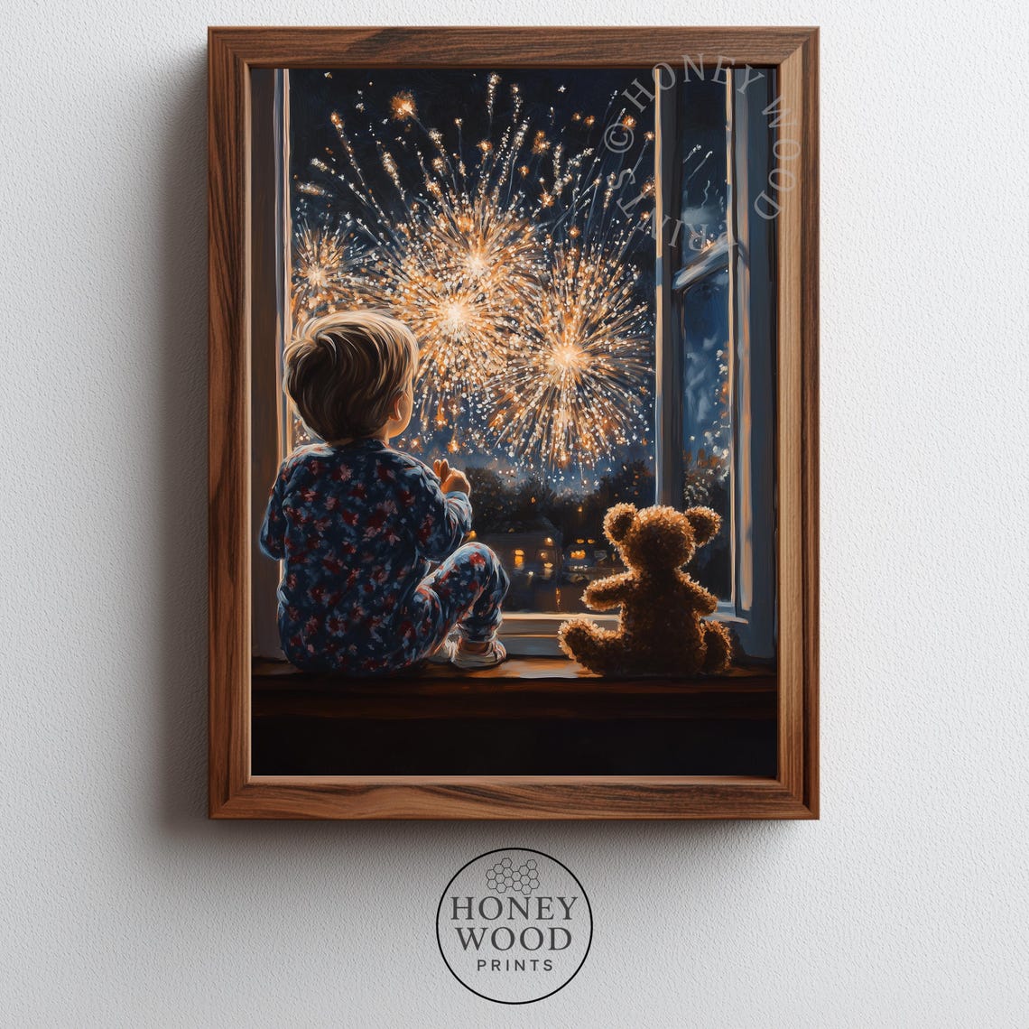 Child Watching Fireworks Teddy Bear Cozy Night Painting Poster