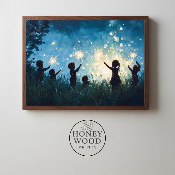 Festive Children With Sparklers At Dusk Warm Moody Nightscape Impressionistic Painting Cozy Evening Wall Art 144