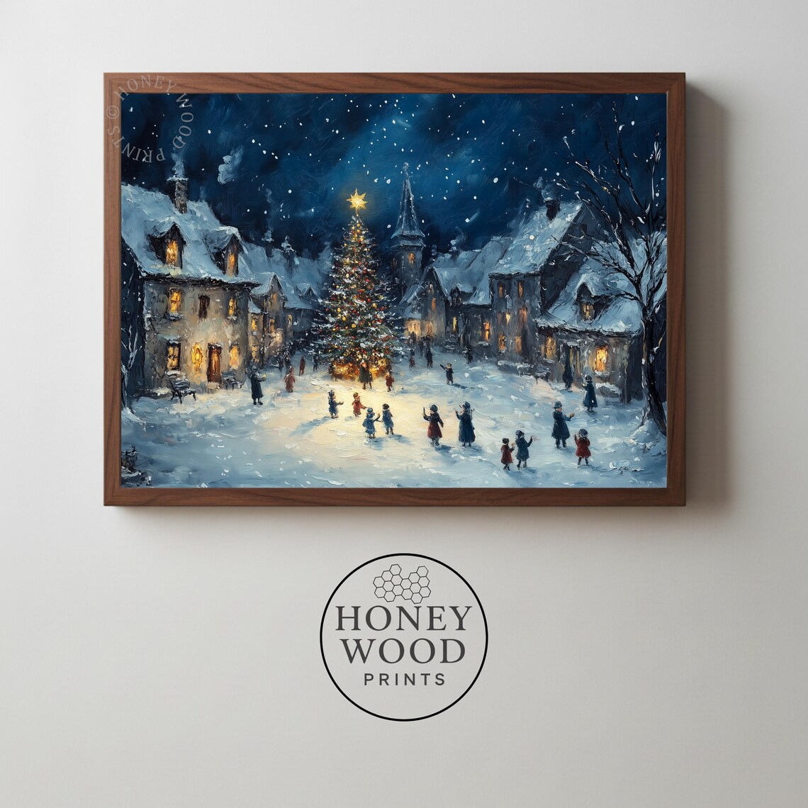 Cozy Starry Night Christmas Village Snowy Town Square Wall Art