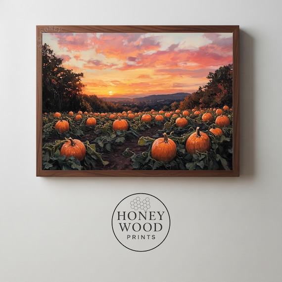 Rustic Pumpkin Patch At Sunset Cozy Autumn Wall Art Moody Harvest Scene Warm Landscape Decor 18