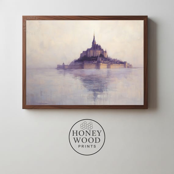 Misty Mont Saintmichel Print Moody Coastal Island Scene Romantic Soft Pastels Tranquil Impressionistic Seascape Wall Art 58