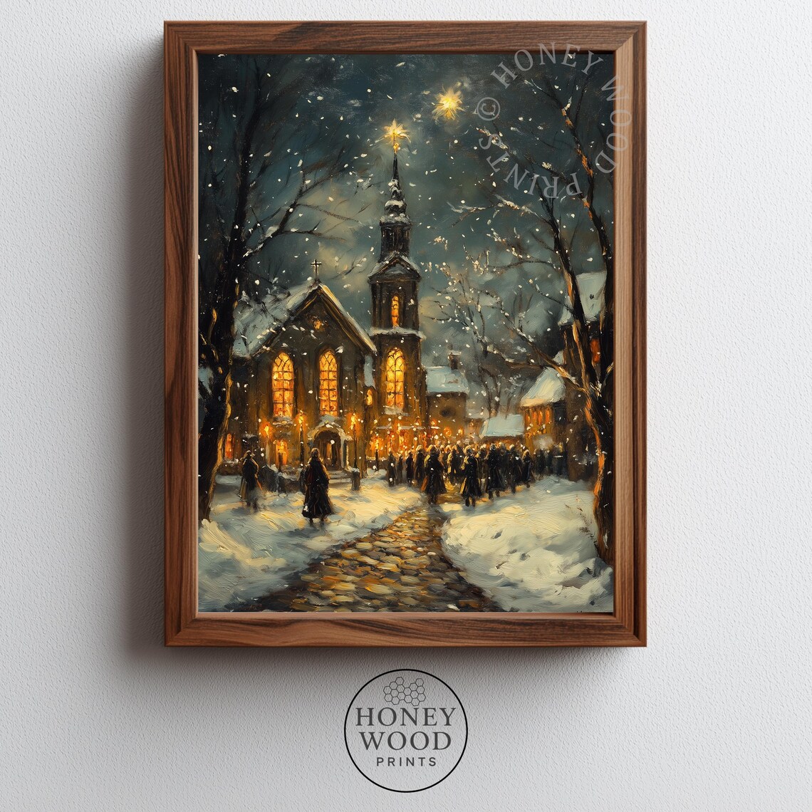 Christmas Eve Church Snowy Night Congregation Holiday Wall Art