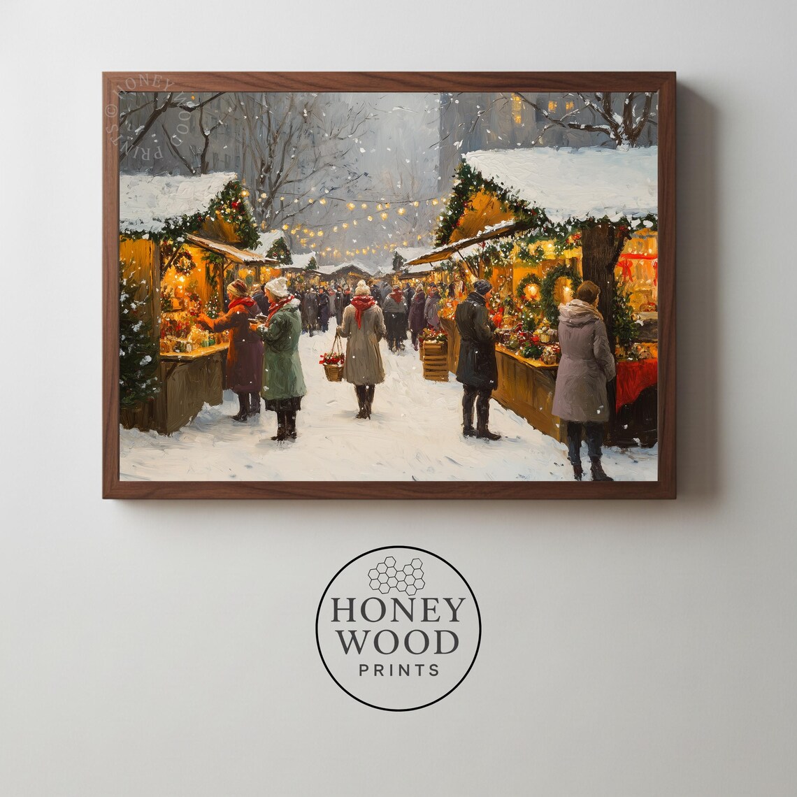 Snowy Christmas Market Stalls Vintage Holiday Oil Painting Poster