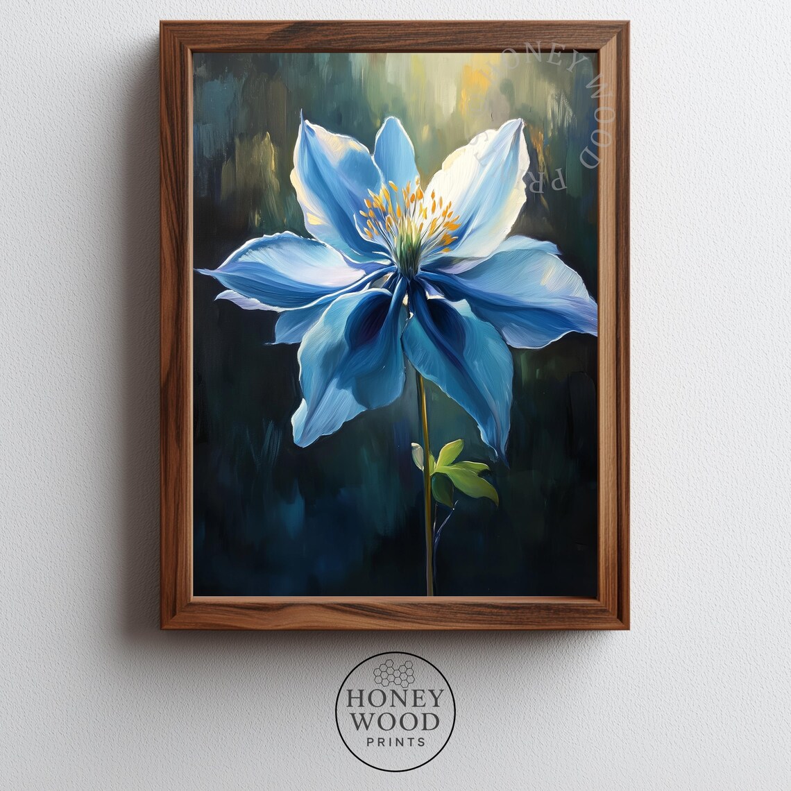 Moody Blue Columbine Floral Vintage Botanical Still Life Wall Art