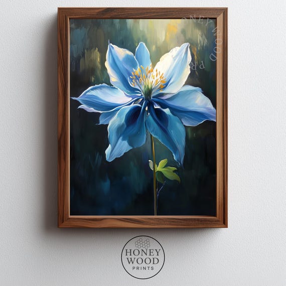 Moody Blue Columbine Floral Painting Vintage Botanical Wall Art Romantic Flower Decor Nature Scene 19
