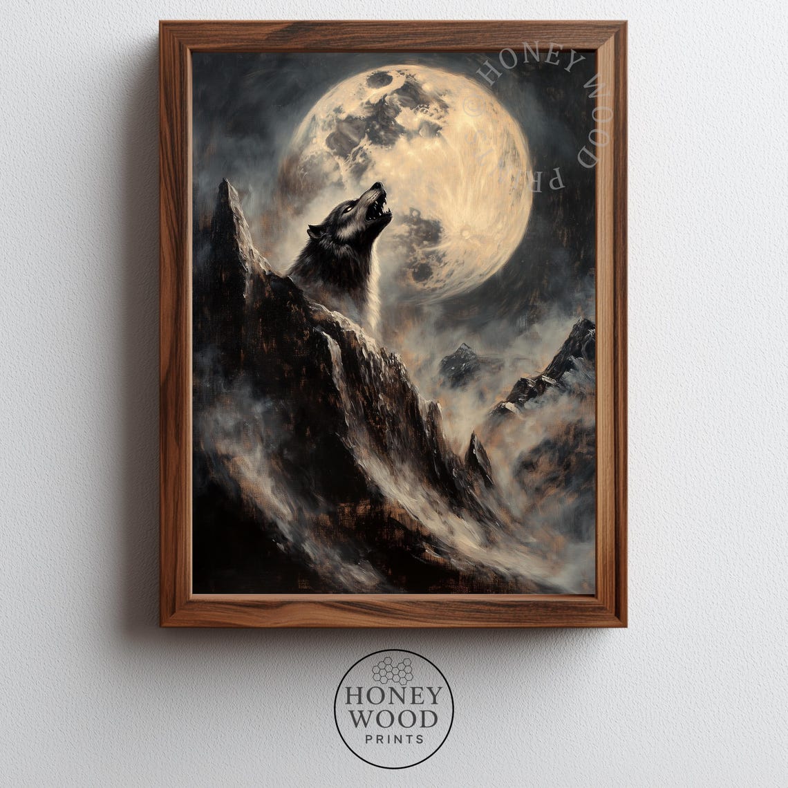 Moody Werewolf Howling At Full Moon Amazing Spooky Night Scene Art Dramatic Mountain View Textured Painting Decor 325