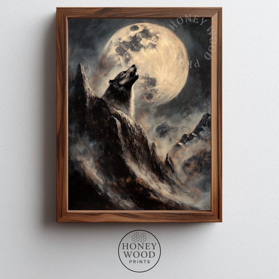 Moody Werewolf Howling At Full Moon Amazing Spooky Night Scene Art Dramatic Mountain View Textured Painting Decor 325