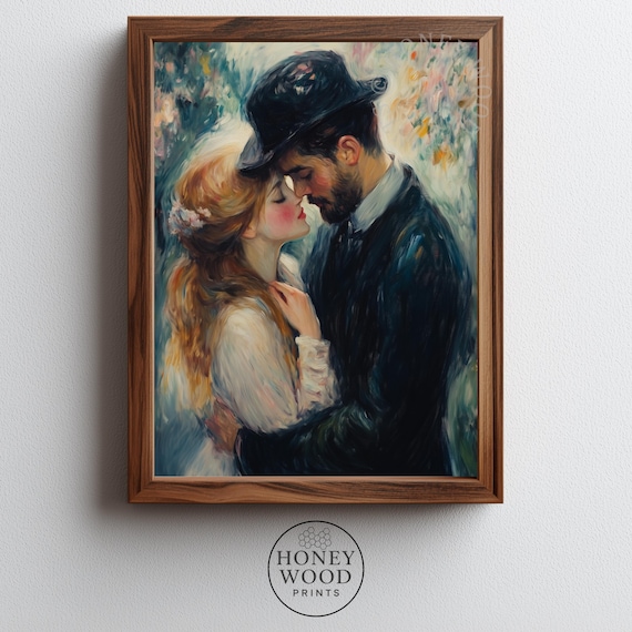 Moody Romantic Couple Embrace Art Vintage Impressionist Painting Classical Warmtoned Decor Wall Serene 212
