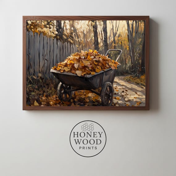 Wheelbarrow Full Of Autumn Leaves Rustic Fall Oil Painting Print
