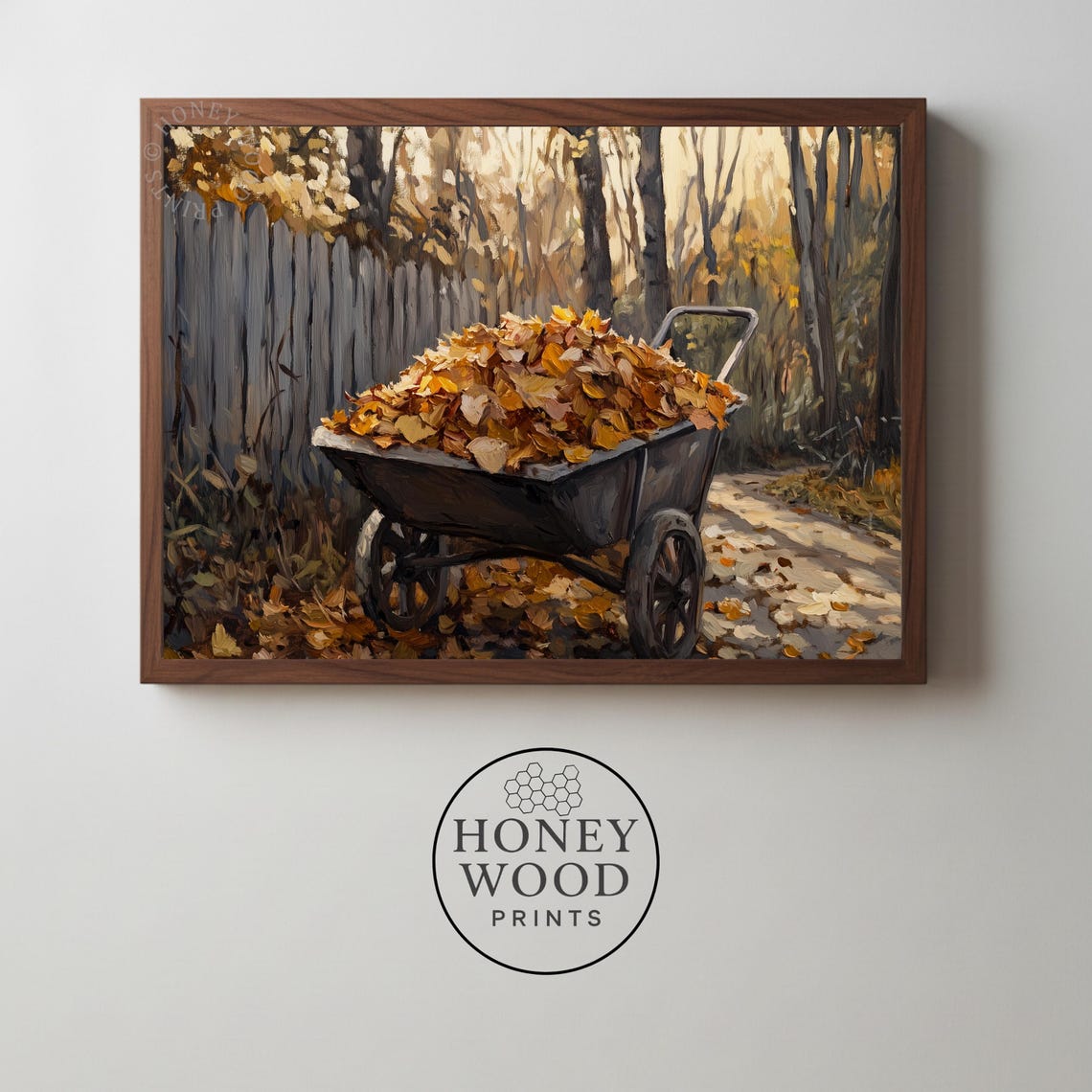 Wheelbarrow Full Of Autumn Leaves Rustic Fall Oil Painting Print