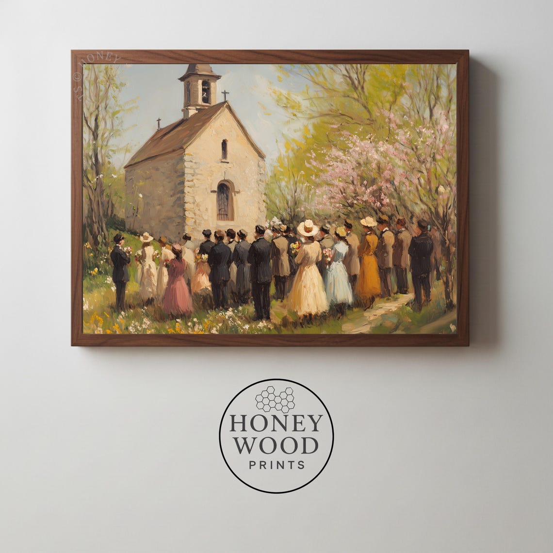 Easter Morning Church Gathering Vintage Pastoral Painting Poster