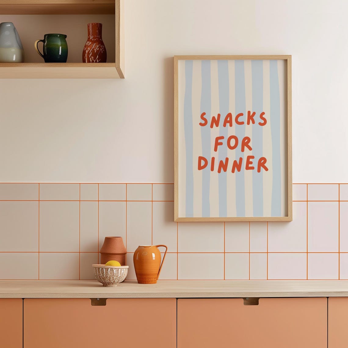 Snacks For Dinner Orange Striped Kids Kitchen Fun Retro Print