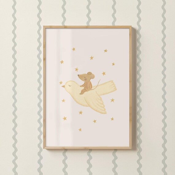 Little Mouse Riding White Bird Stars Bedtime Nursery Art Magical Print