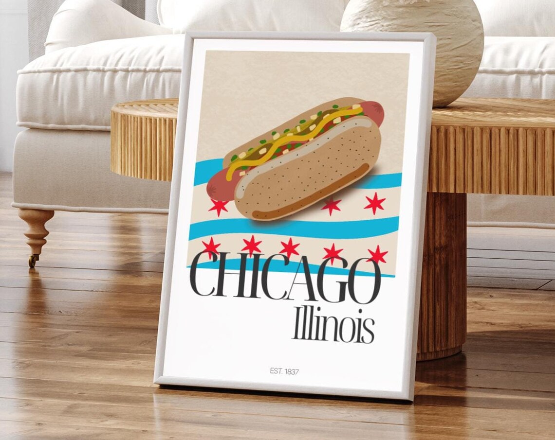 Chicago Style Hot Dog, Chicago Travel Poster, Wrigley Field