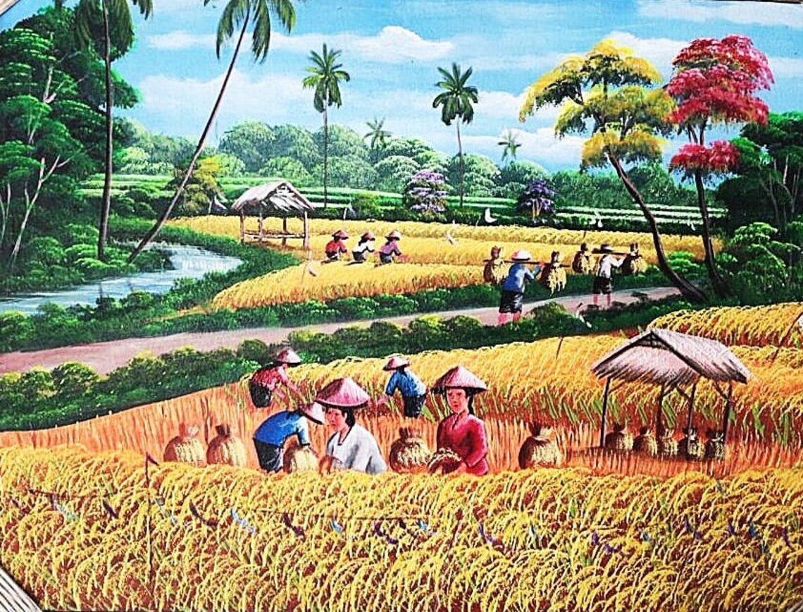 Realistic Rice Harvest Painting With Bright Nuance