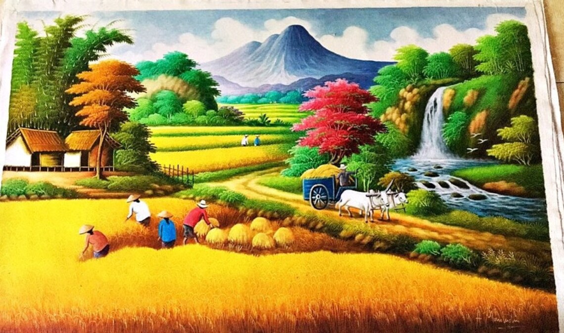 Rice Harvest With Waterfall And Cow Cart Art Print - Image 2