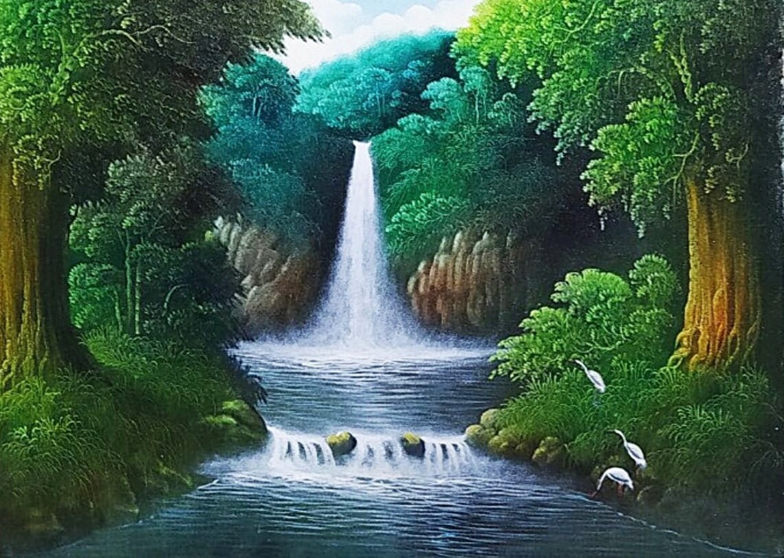 Waterfall Painting With Natural Nuance And Trees - Image 4