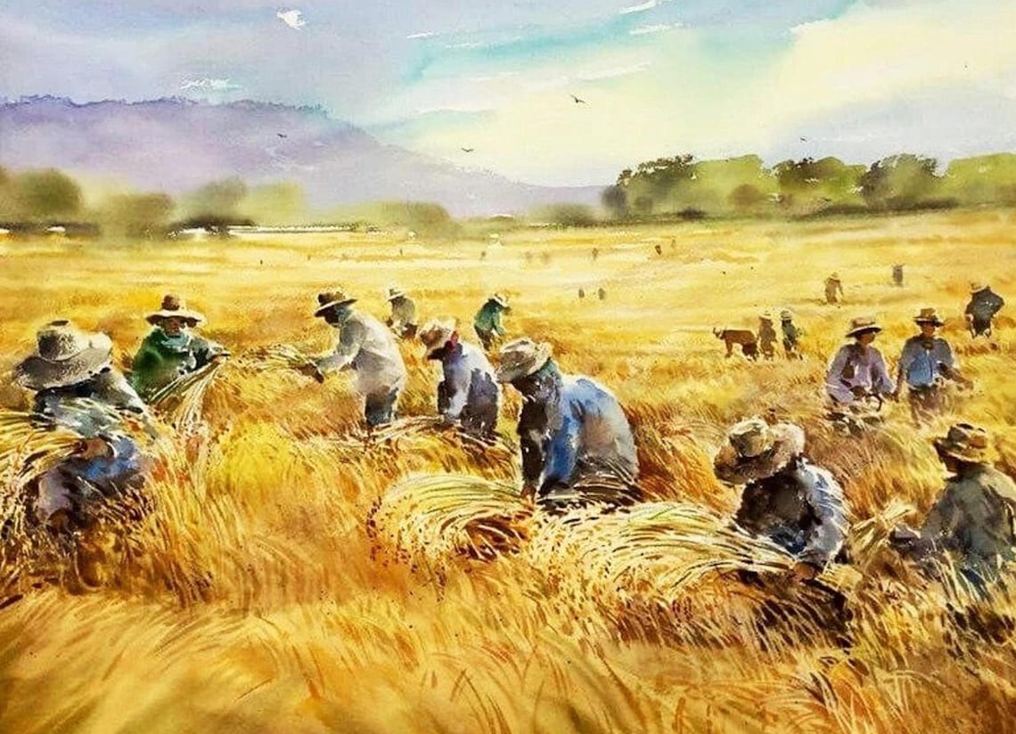 Golden Harvest Painting, Farmers At Work
