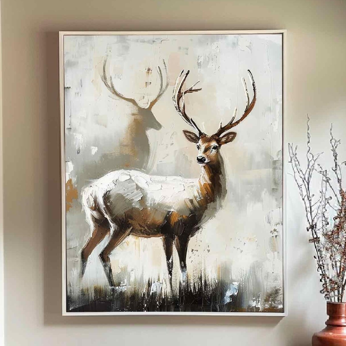 Majestic Stag Deer Duo on Beige Textured Oil Painting Poster