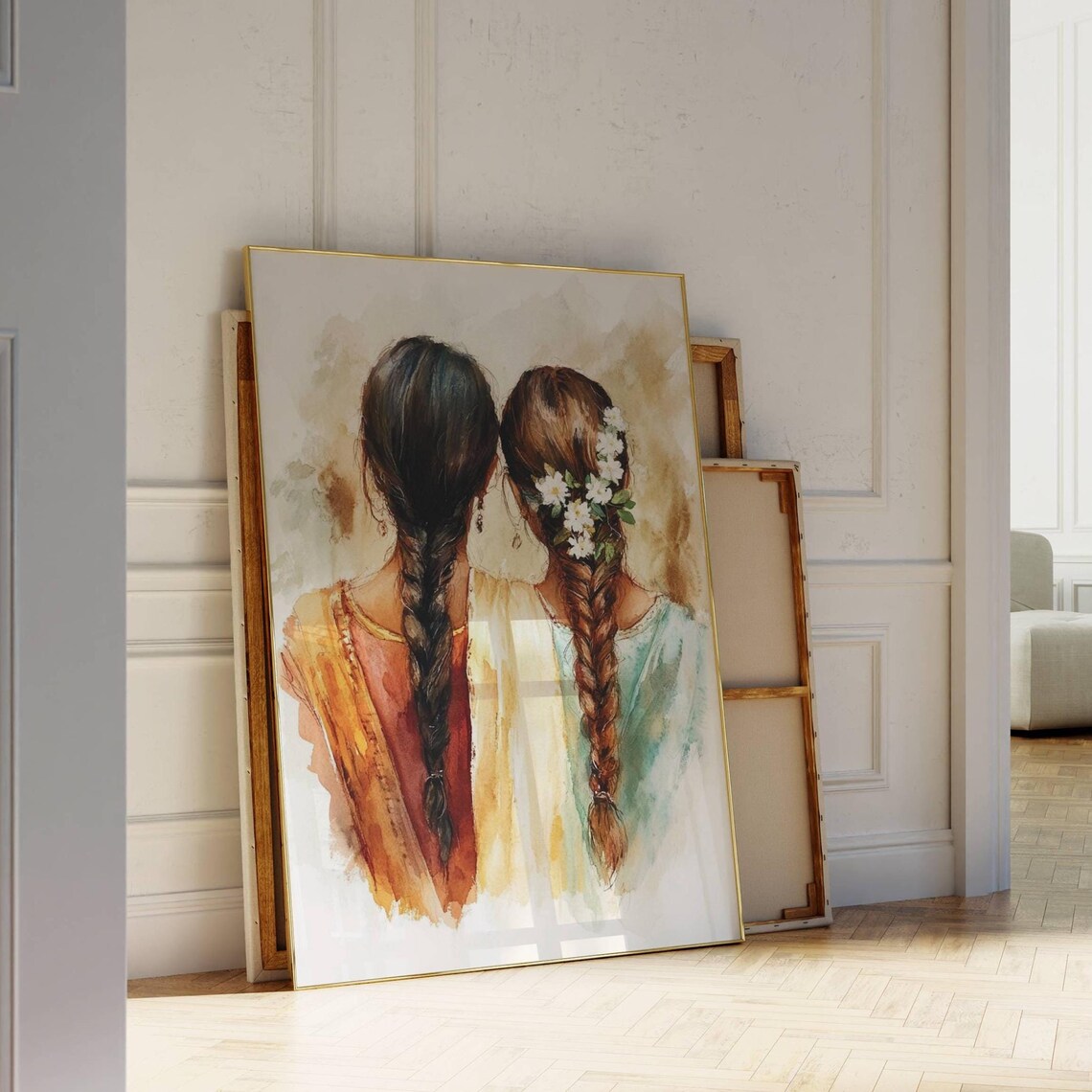 Indian Sisters Braided Ponytails Jasmine Flowers Back View Poster