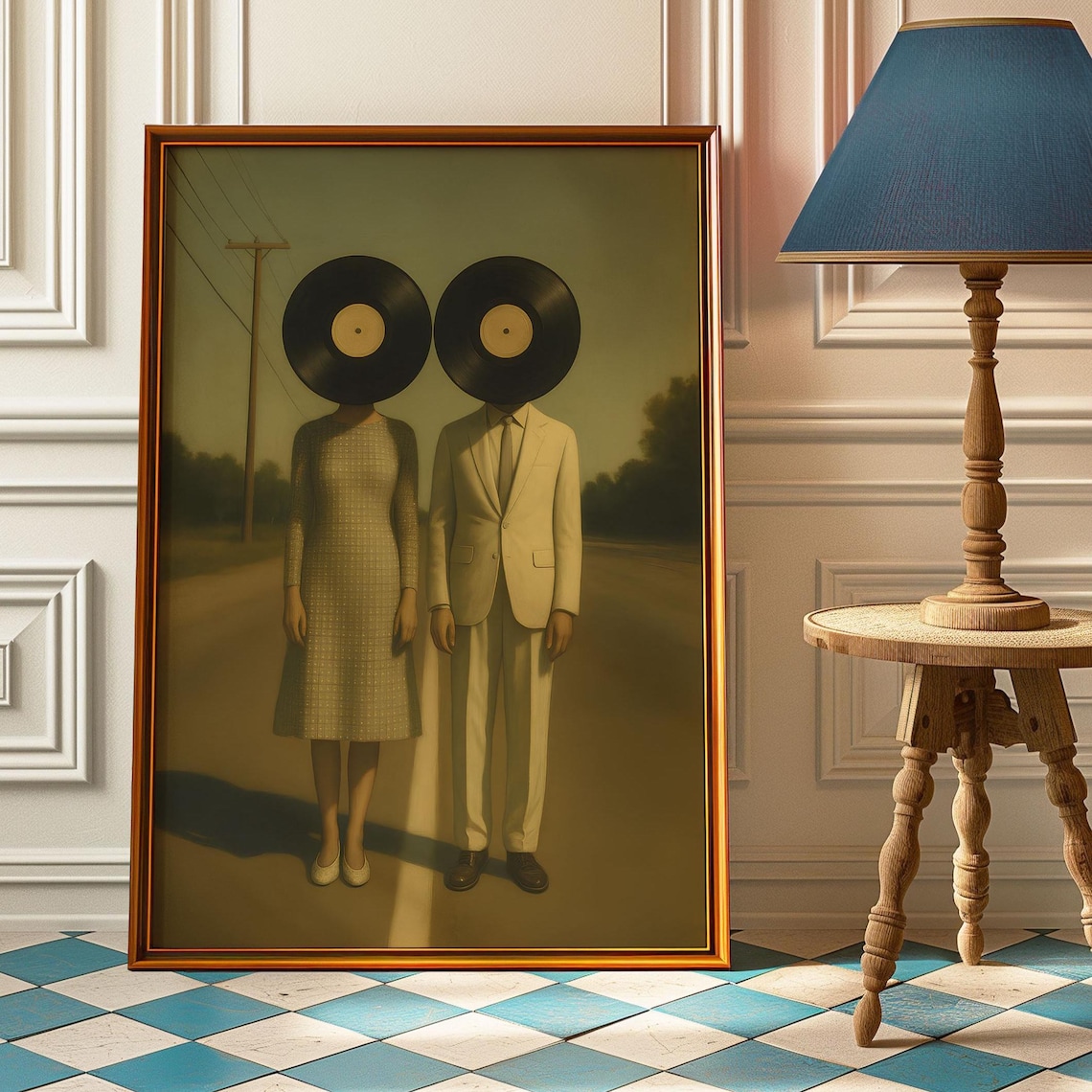 Surreal Vinyl Record Head Couple Retro Music Lover Art Poster