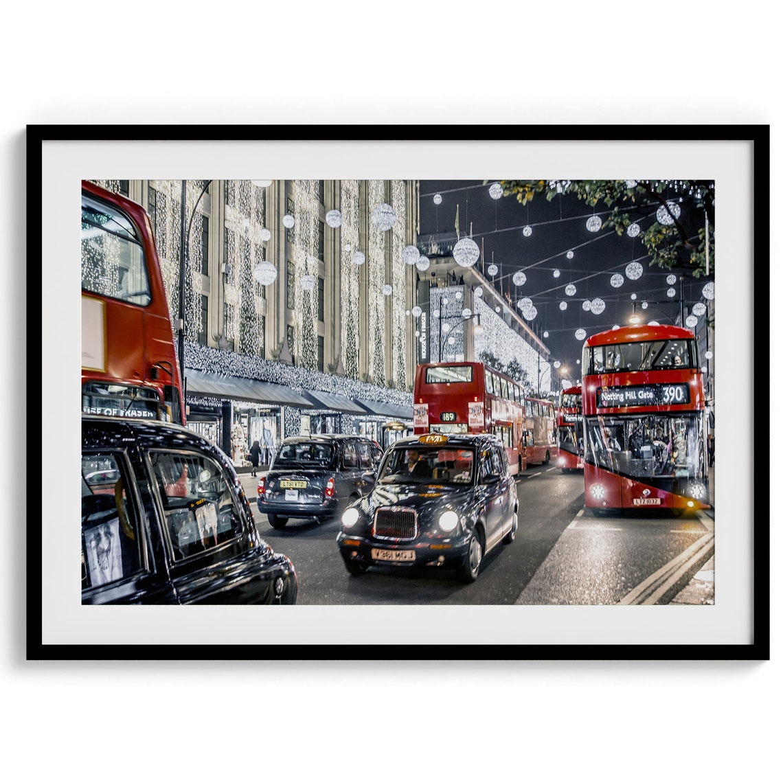 London Christmas Lights Night Red Double Decker Buses City Poster