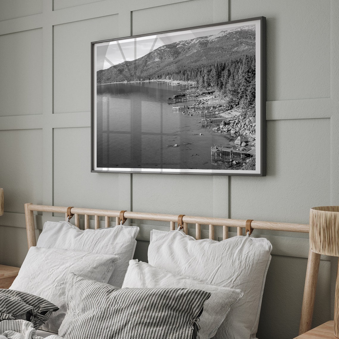 Lake Tahoe Black And White Shoreline Docks Pine Forest Lake Poster - Image 2