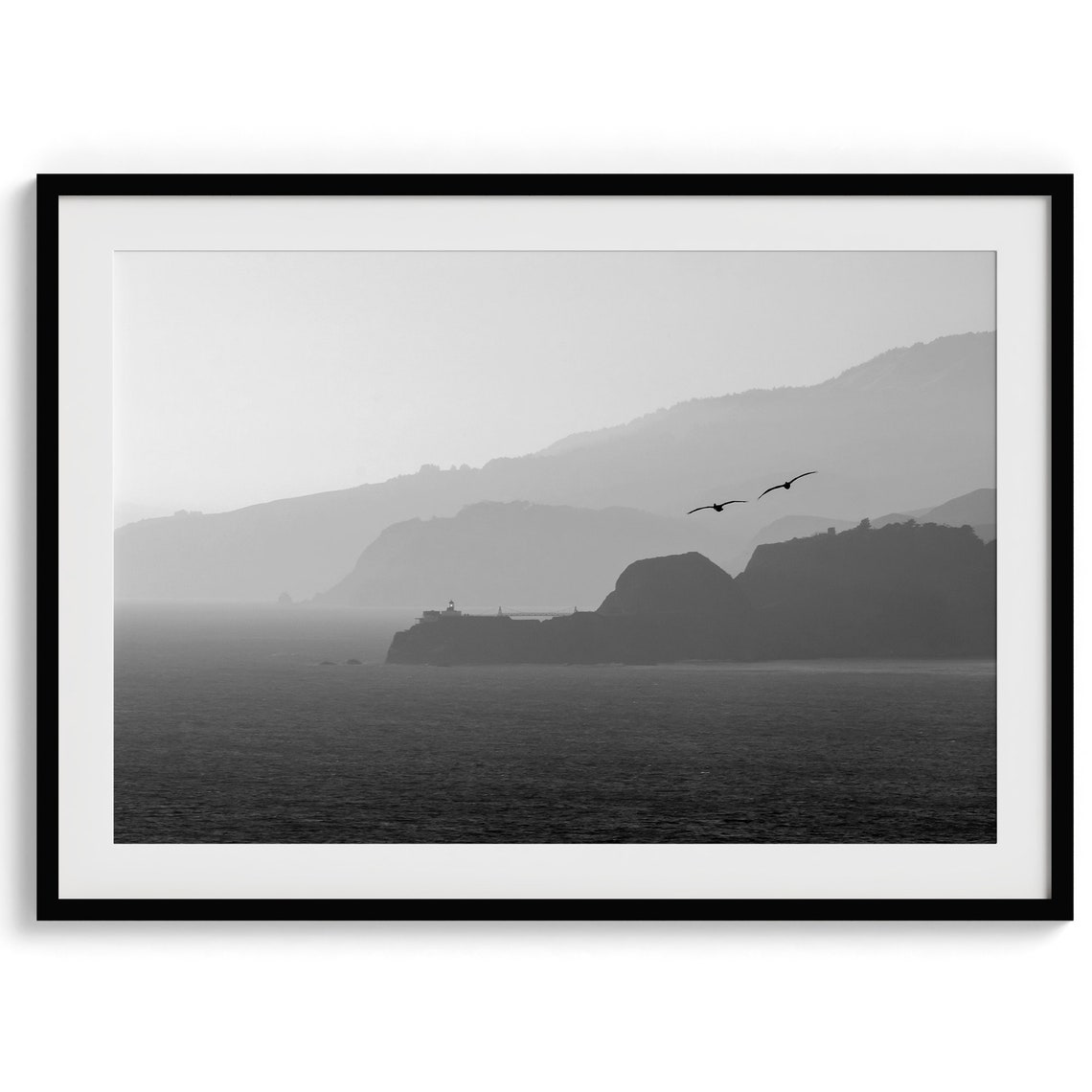 Black And White Seabirds Flying Over Misty Coastline Cliffs Poster - Image 5