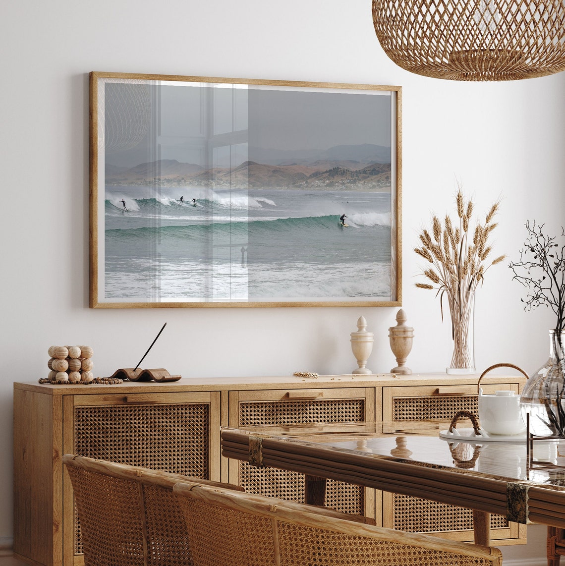 California Coast Surfers Riding Waves Ocean Hills Backdrop Poster - Image 5