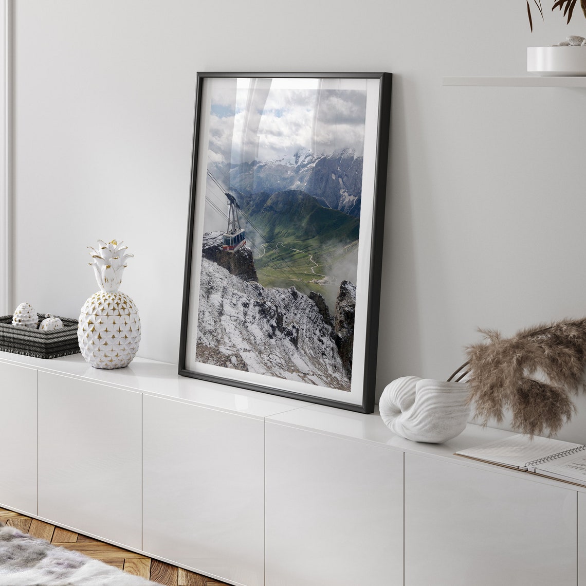 Dolomites Italy Cable Car Over Snowy Alpine Peaks Valley Vista Poster - Image 4