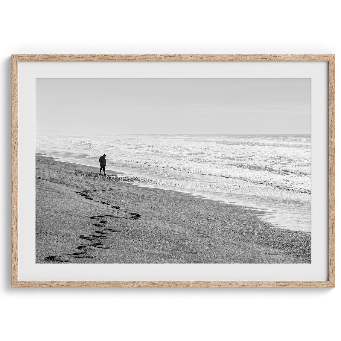 Lone Figure Walking Empty Beach Footprints Black And White Poster