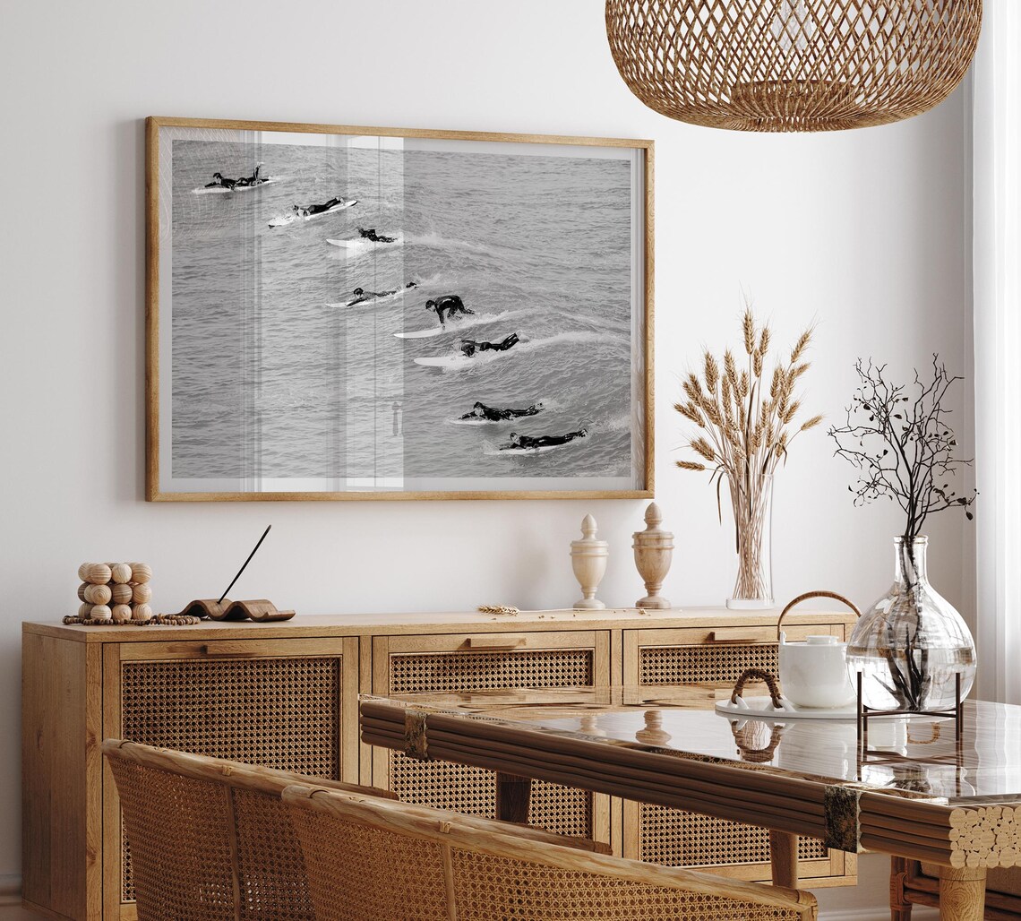 Surfers Paddling Lineup Wetsuits Black And White Ocean Wave Poster - Image 5