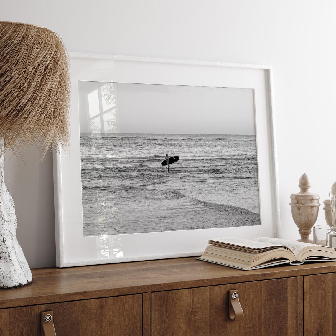 Woman Surfer Walking Out Ocean Longboard Black And White Beach Poster - Image 4