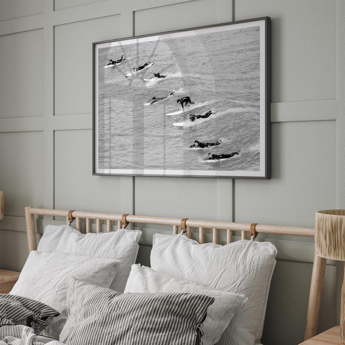 Surfers Paddling Lineup Wetsuits Black And White Ocean Wave Poster - Image 3