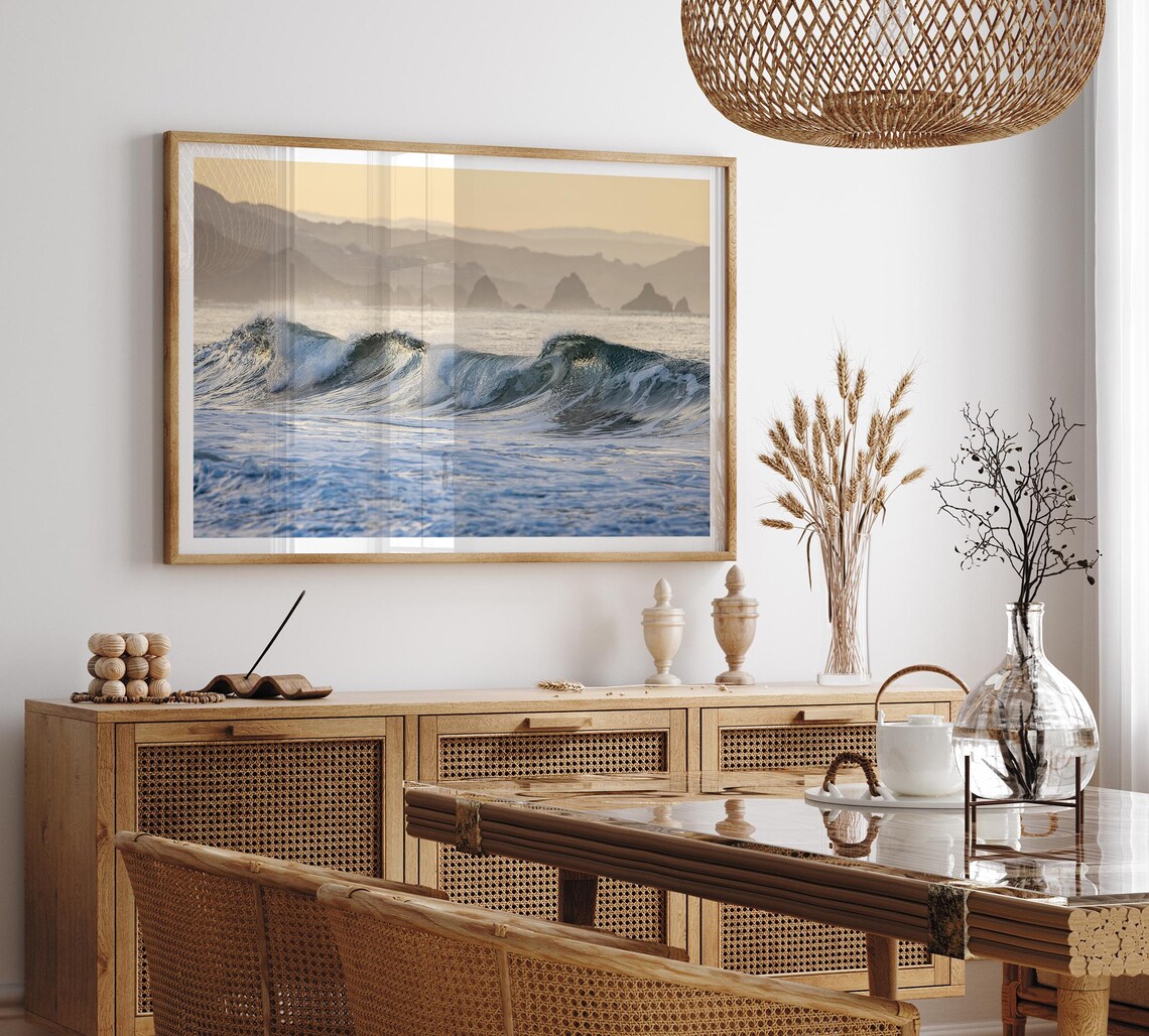 Breaking Ocean Wave Golden Hour Sea Stacks Misty Coast Seascape Poster - Image 3